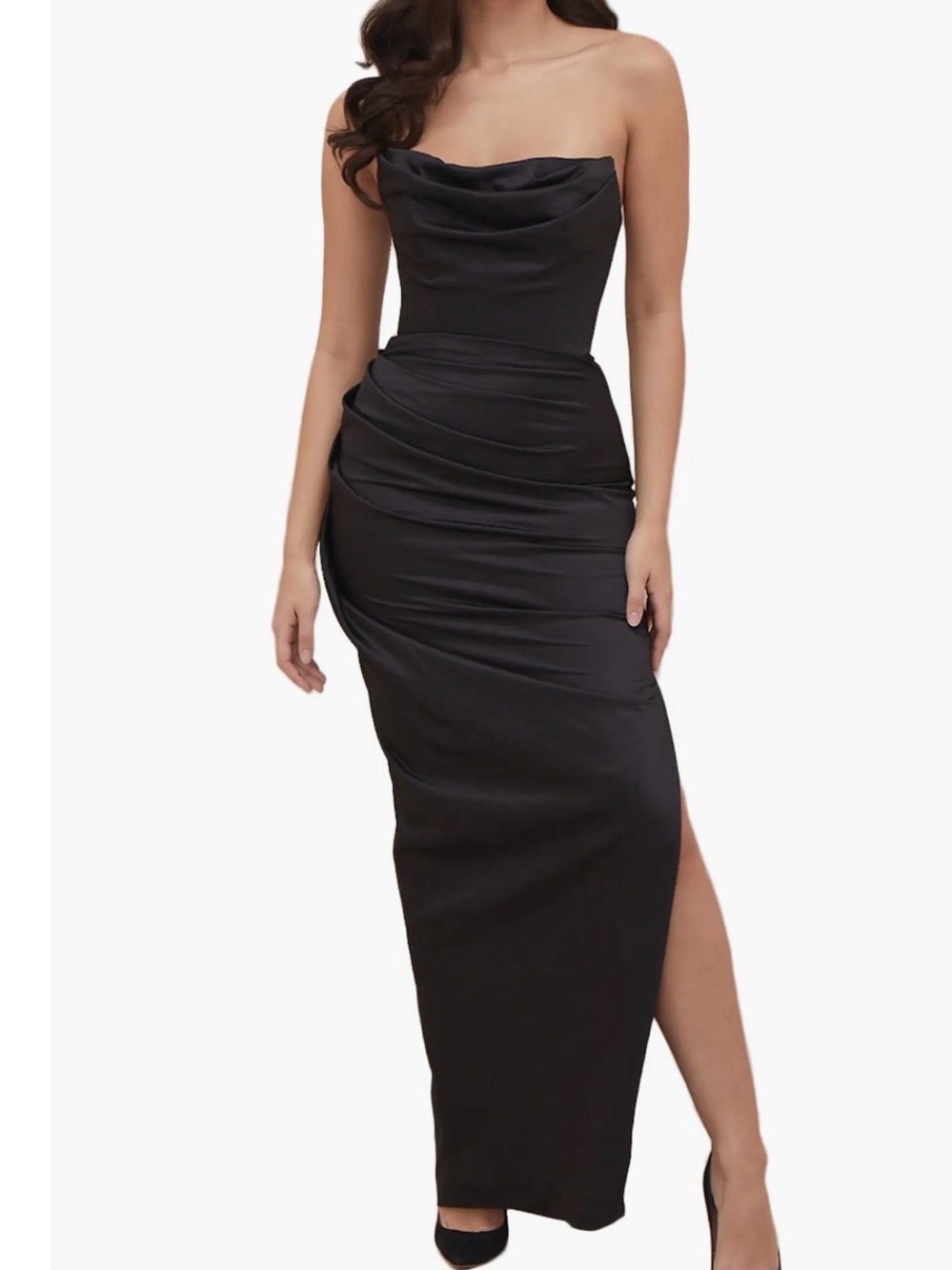 House of CB Black Strapless Satin Column Gown with Draped Detail